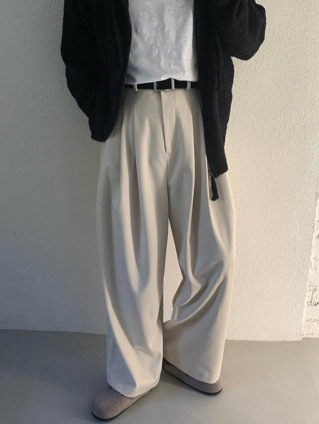 三褶 垂墜 羊毛混紡 寬版 落地 西裝褲 / 2色 - WHATEVER