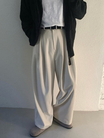 三褶 垂墜 羊毛混紡 寬版 落地 西裝褲 / 2色 - WHATEVER