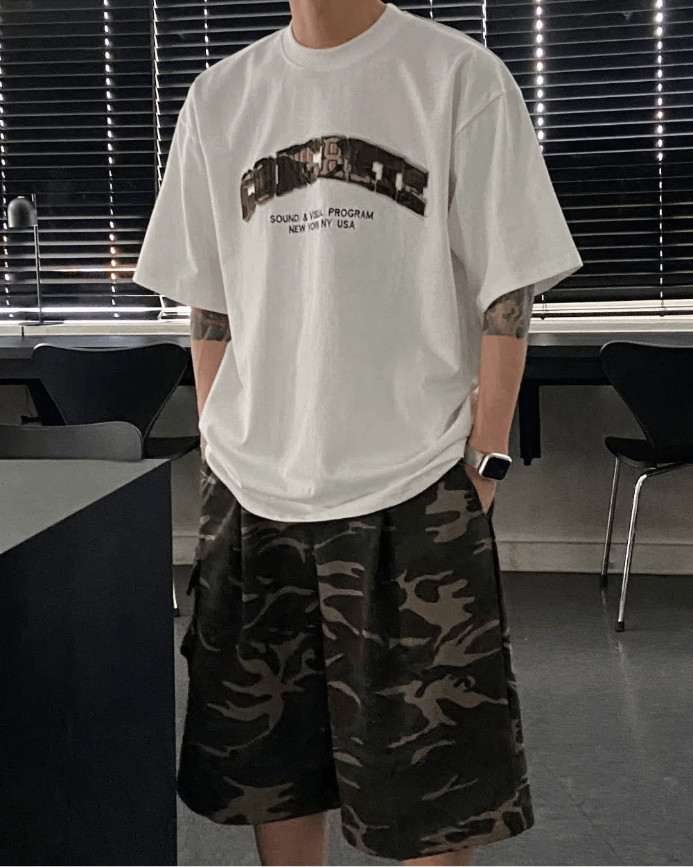 迷彩 刺繡 厚磅 寬鬆 短袖 上衣 / 2色 - WHATEVER STUDIO