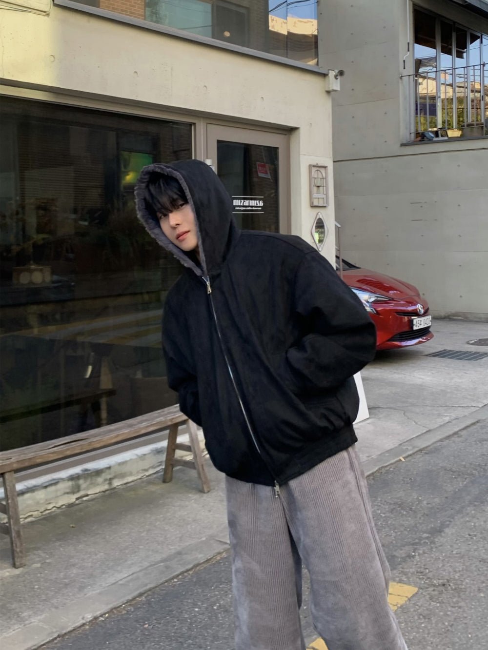 簡約 麂皮 絨毛 雙拉鍊 連帽外套 / 2色 - WHATEVER