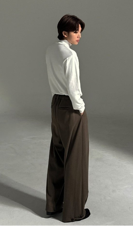 羊毛混紡 打褶 冬季 寬版 落地 西裝褲 / 2色 - WHATEVER