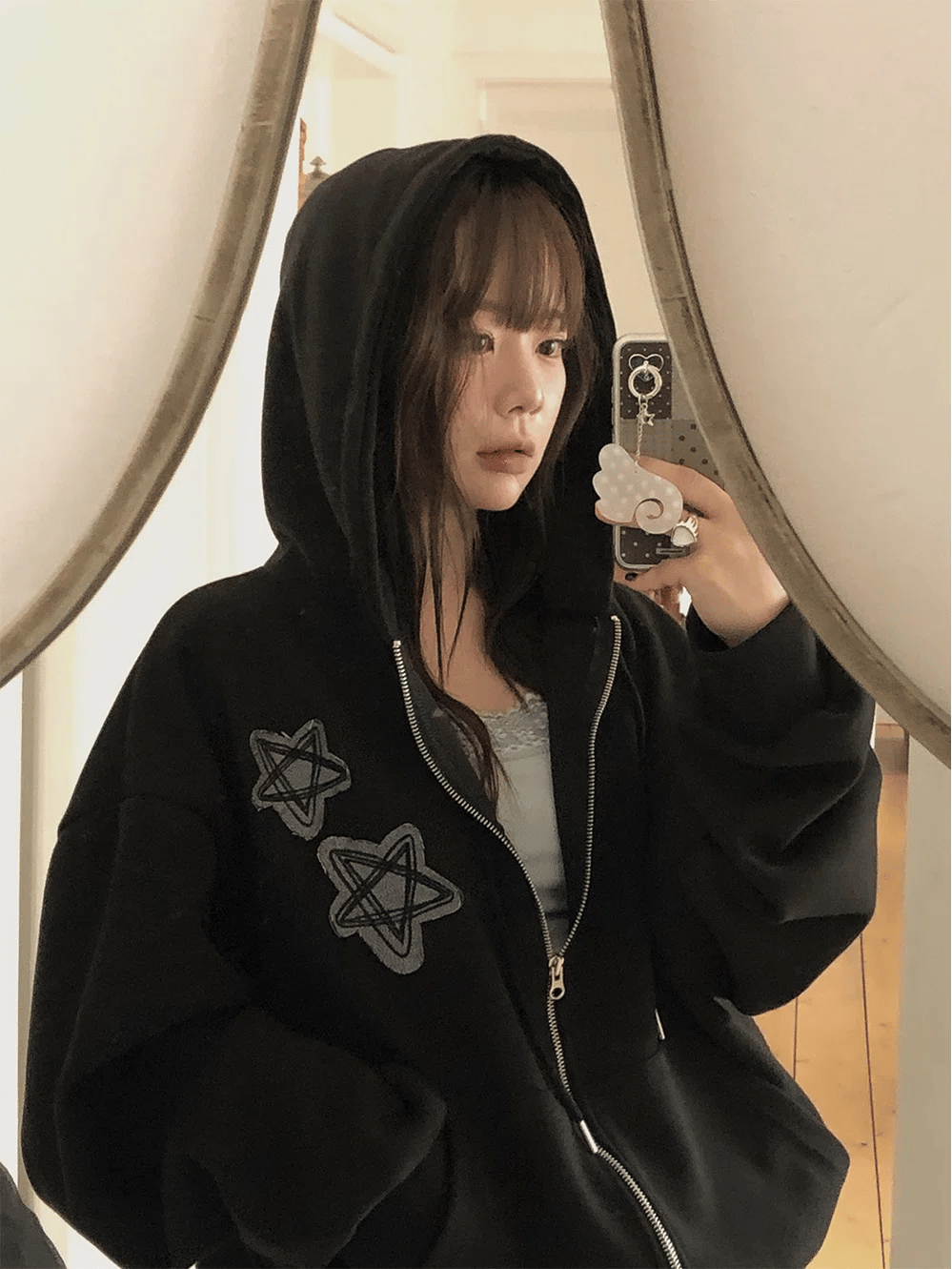 復古 星星刺繡 雙拉鍊 寬鬆 連帽外套 / 2色 - WHATEVER