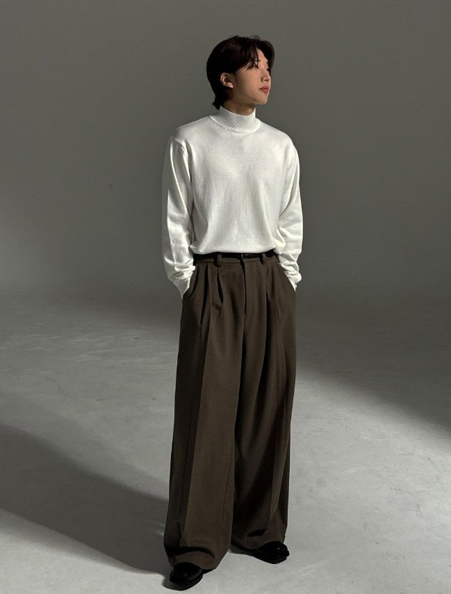 羊毛混紡 打褶 冬季 寬版 落地 西裝褲 / 2色 - WHATEVER