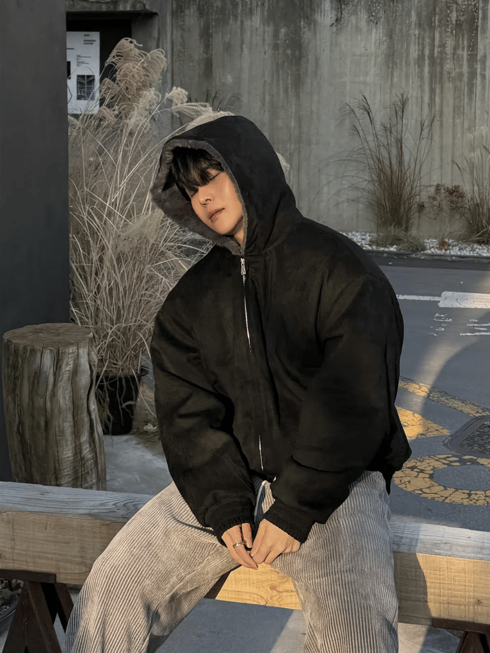 簡約 麂皮 絨毛 雙拉鍊 連帽外套 / 2色 - WHATEVER