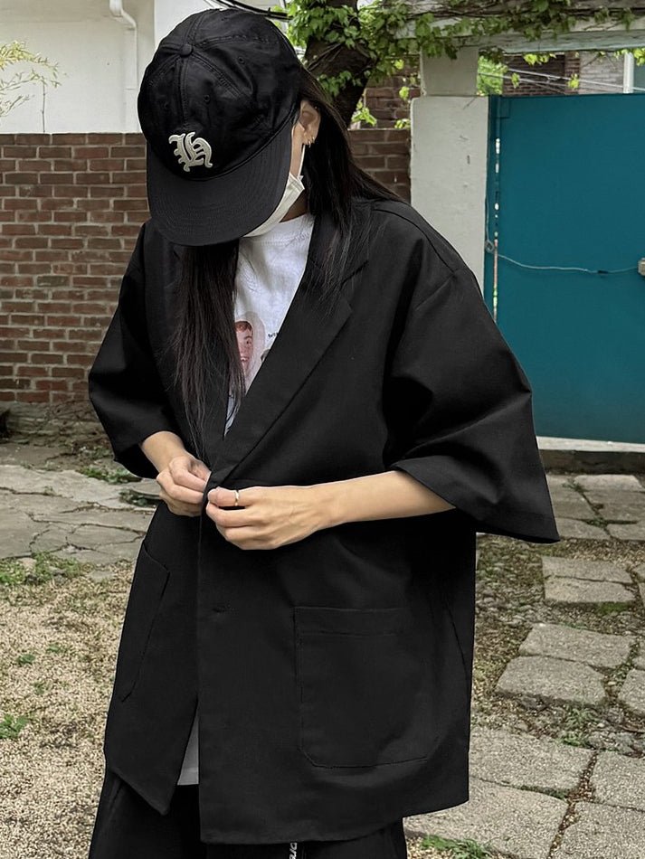 涼感 亞麻 輕正裝 五分袖 西裝外套 / 2色【部分現貨】 - WHATEVER