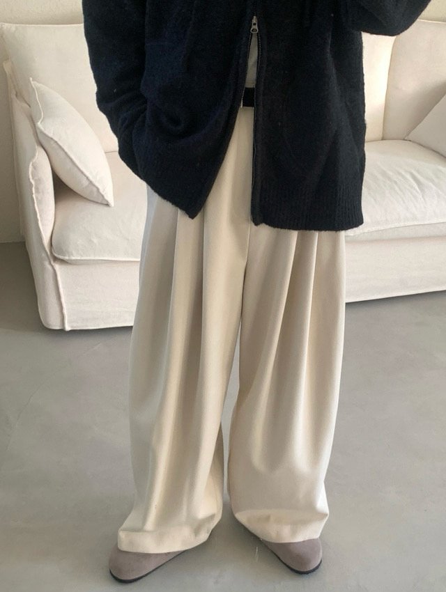 三褶 垂墜 羊毛混紡 寬版 落地 西裝褲 / 2色 - WHATEVER