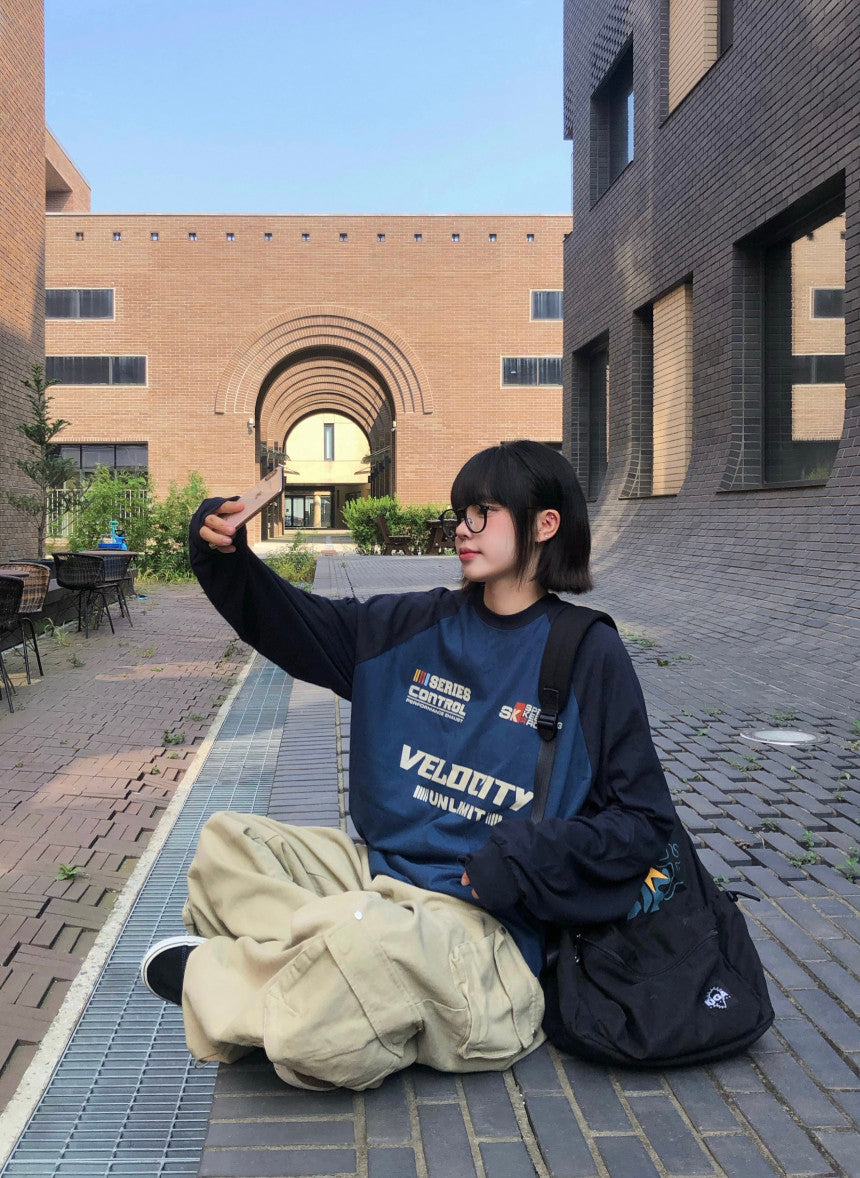 復古 賽車風 插肩袖 長袖上衣 / 4色