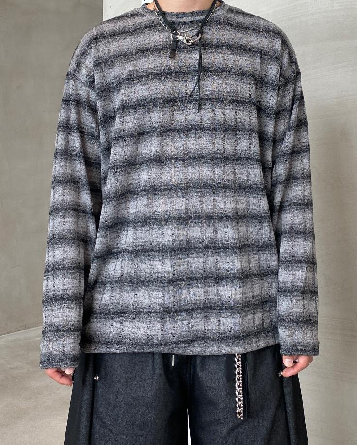 條紋 寬鬆 針織 薄長袖 上衣 / 3色