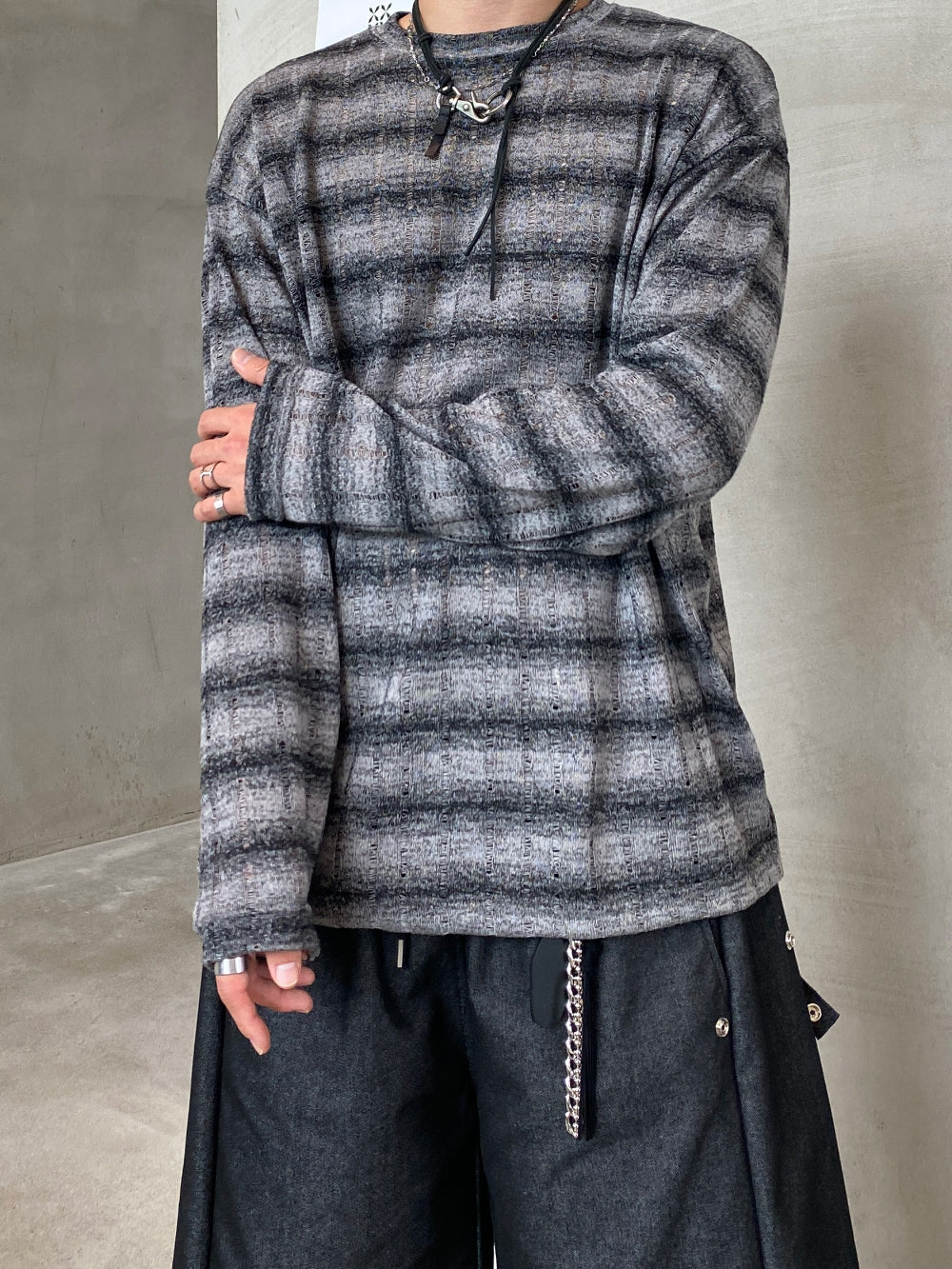 條紋 寬鬆 針織 薄長袖 上衣 / 3色