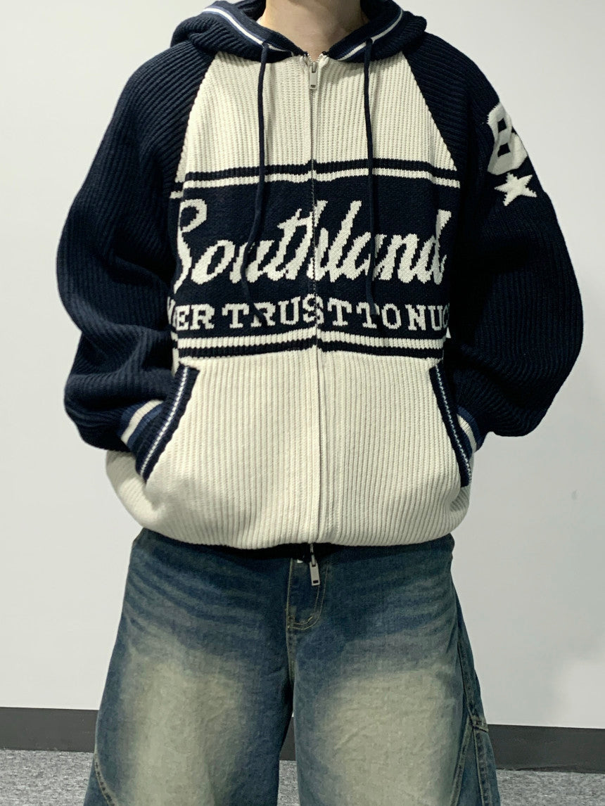 美式 復古 插肩袖 針織 連帽外套 / 2色