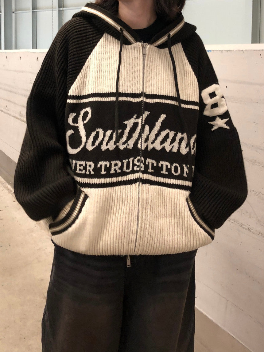 美式 復古 插肩袖 針織 連帽外套 / 2色