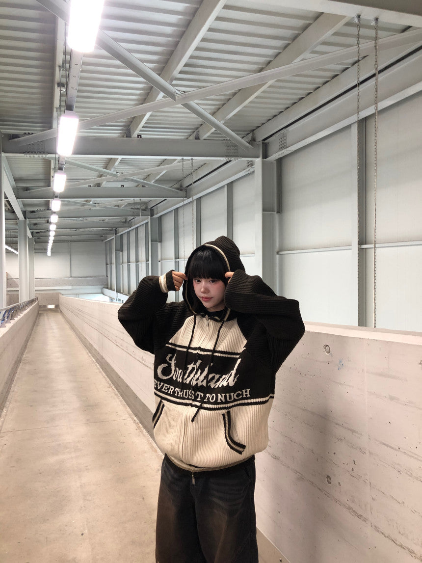 美式 復古 插肩袖 針織 連帽外套 / 2色