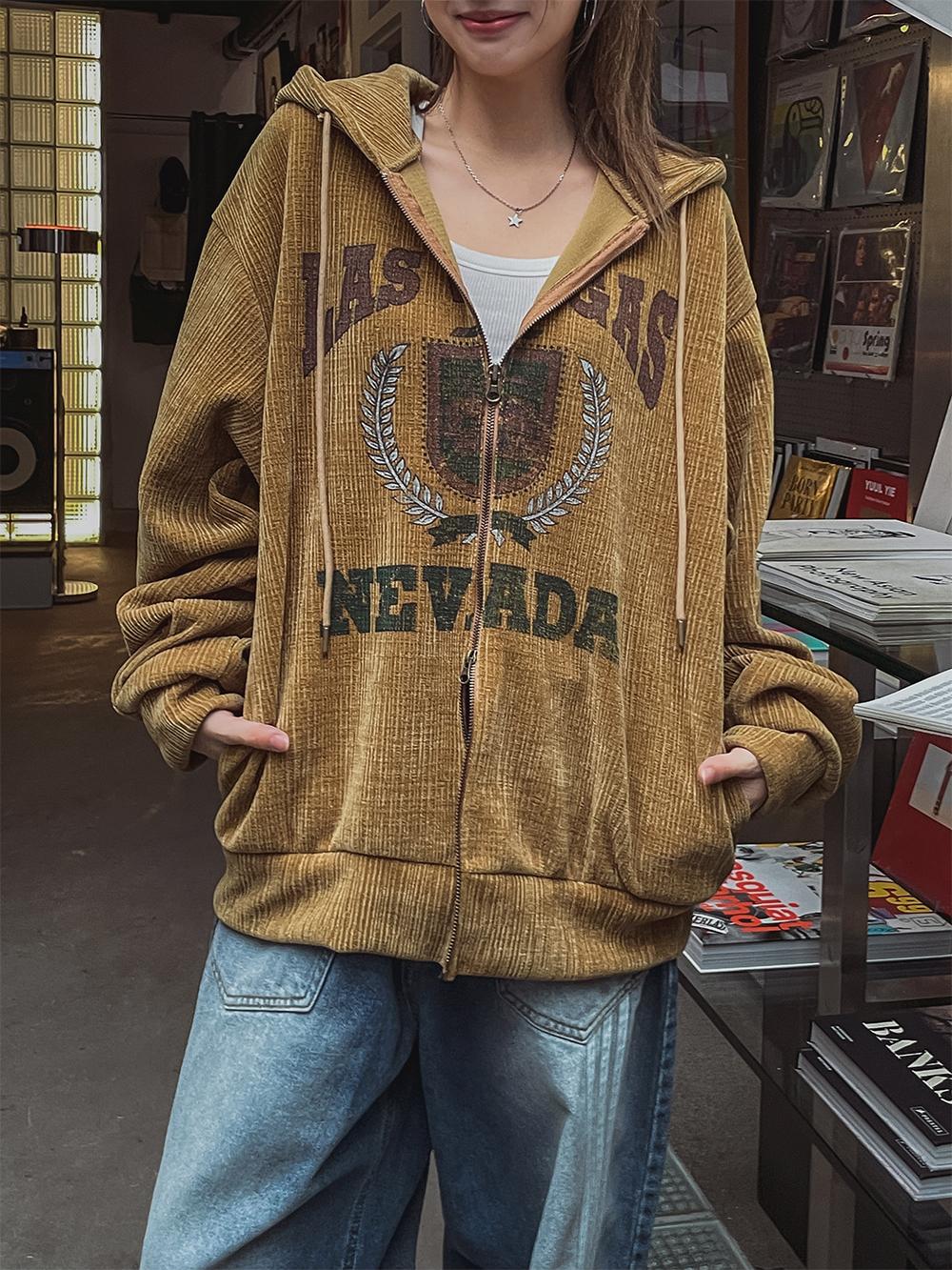 美式 復古 學院風 燈芯絨 刺繡 雙拉鍊 連帽外套