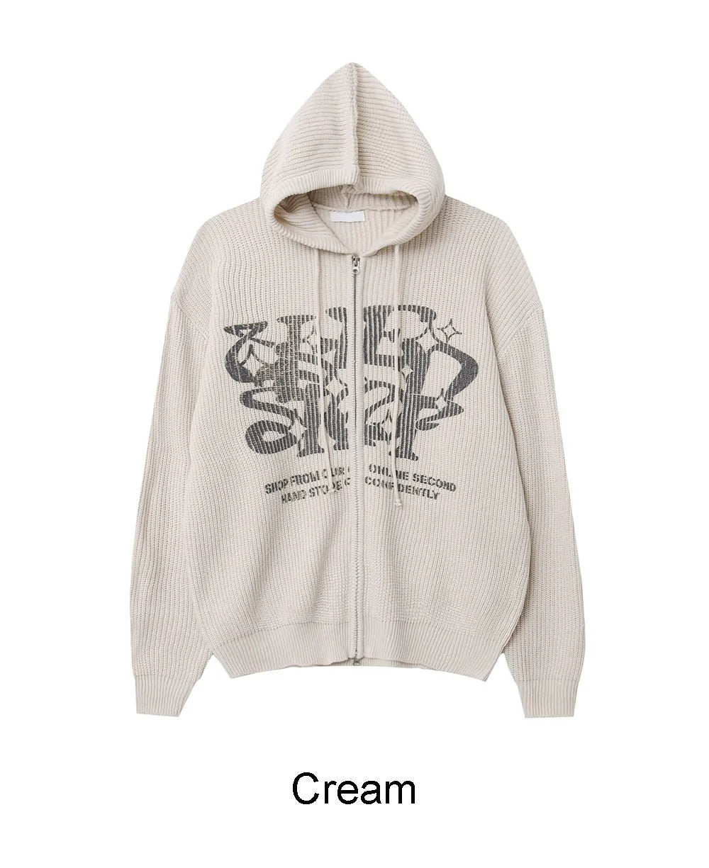 星星 字母印花 雙拉鍊 連帽 針織外套 / 4色
