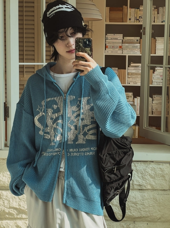 星星 字母印花 雙拉鍊 連帽 針織外套 / 4色