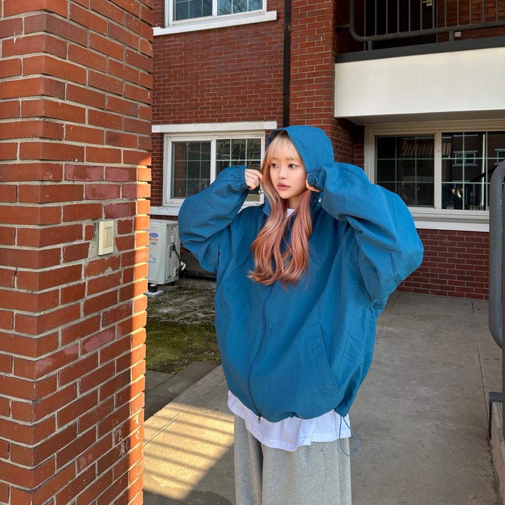 寬鬆 雙拉鍊 抽繩 連帽 風衣外套 / 4色