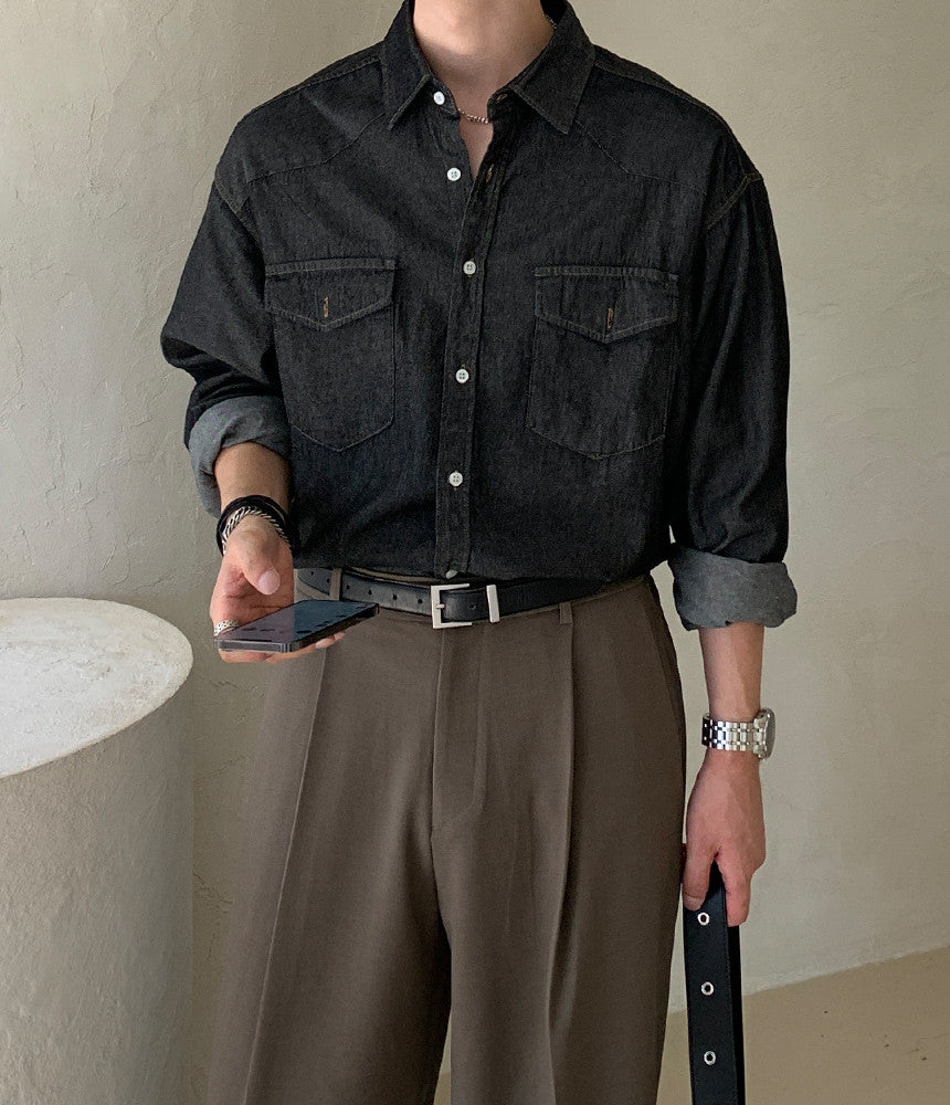 西部風 線條 丹寧 襯衫 / 2色