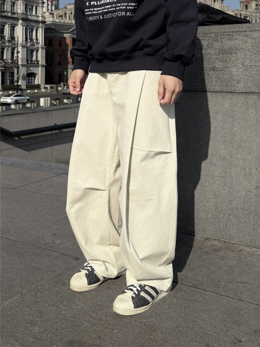 側摺 弧形剪裁 棉質 長褲 / 4色
