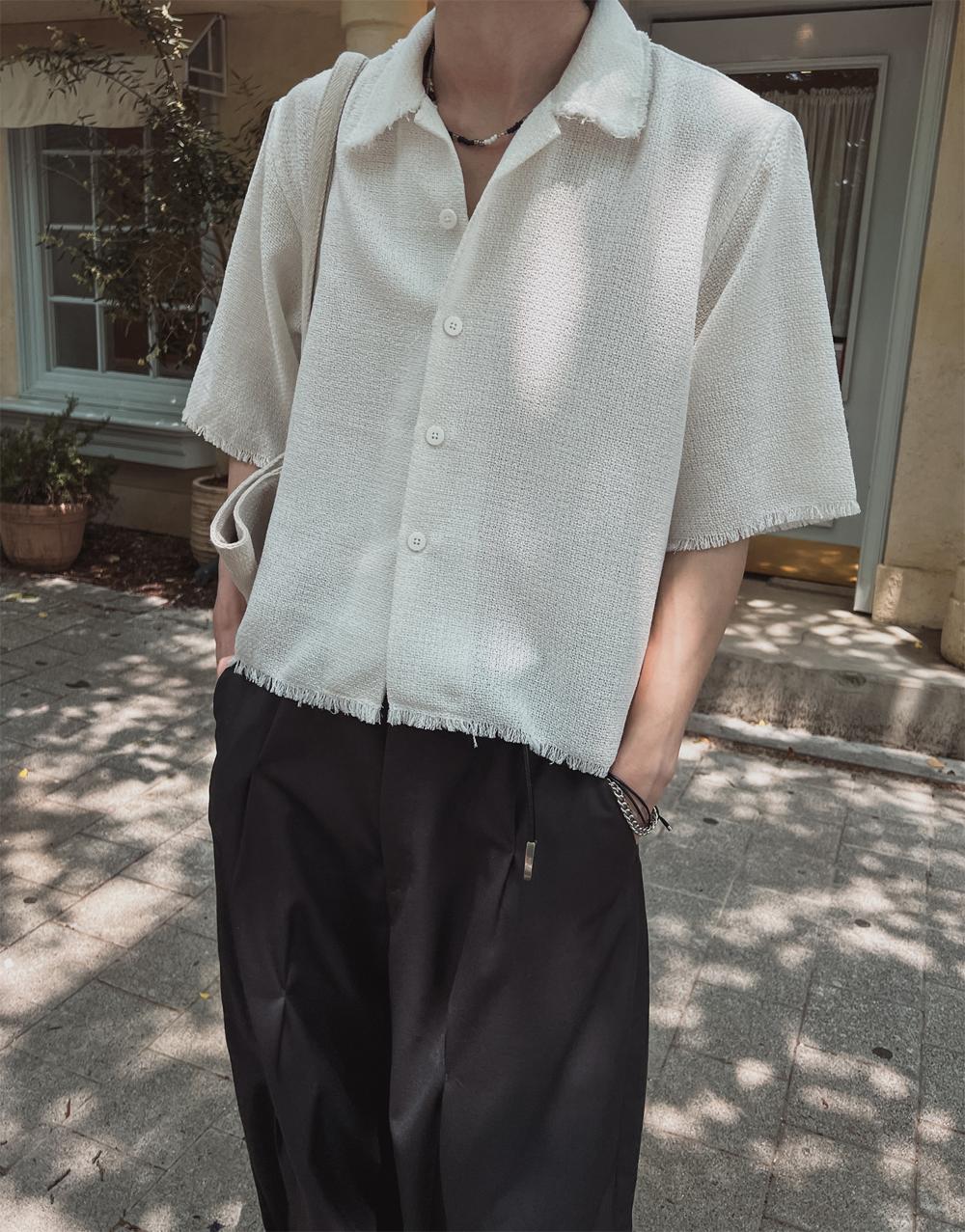 粗花呢 抽鬚 五分袖 短版 襯衫 / 2色