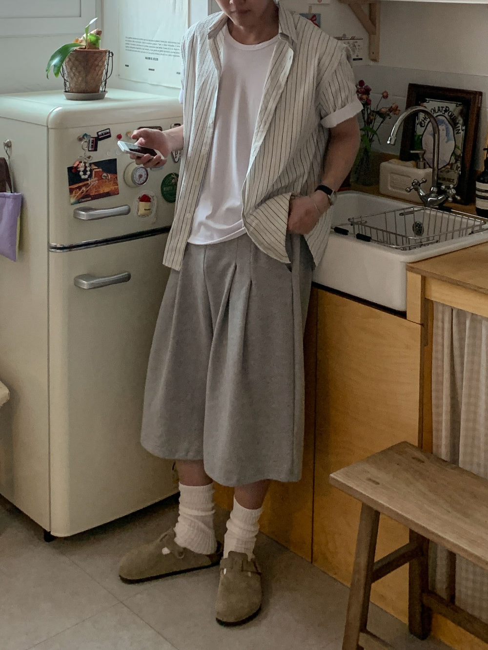 雙打摺 膝下 七分 百慕達 棉質 短褲 / 4色