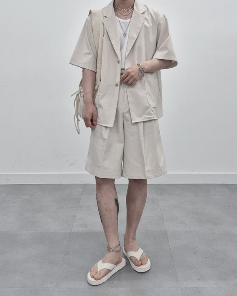 涼感 亞麻 輕正裝 五分袖 西裝外套 / 2色
