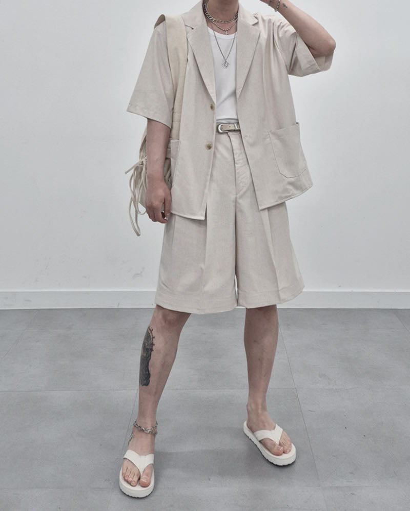涼感 亞麻 輕正裝 五分袖 西裝外套 / 2色