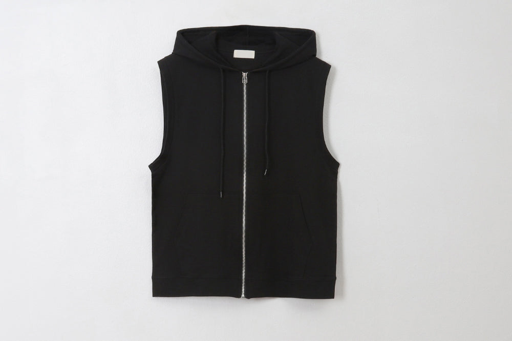 簡約 層次 棉質 無袖 拉鍊 連帽 背心 / 3色