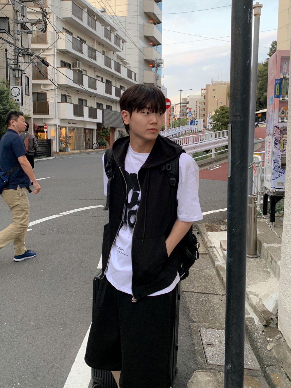 簡約 層次 棉質 無袖 拉鍊 連帽 背心 / 3色