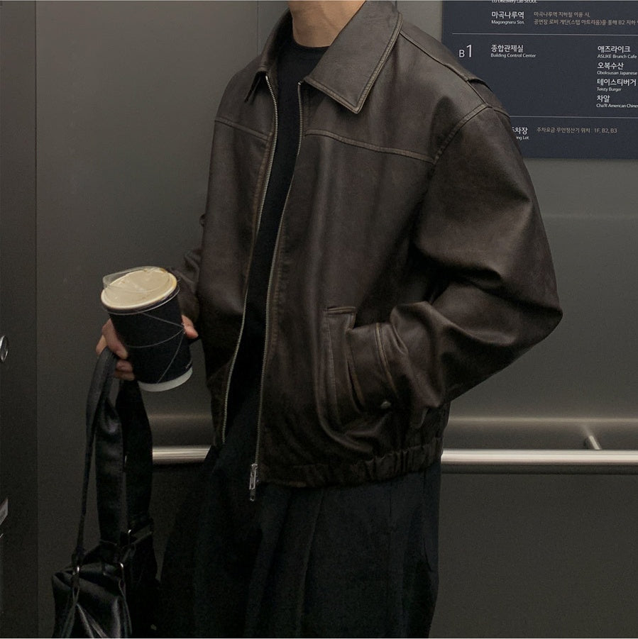 復古 仿舊 短版 皮革 雙拉鍊 皮外套 / 2色