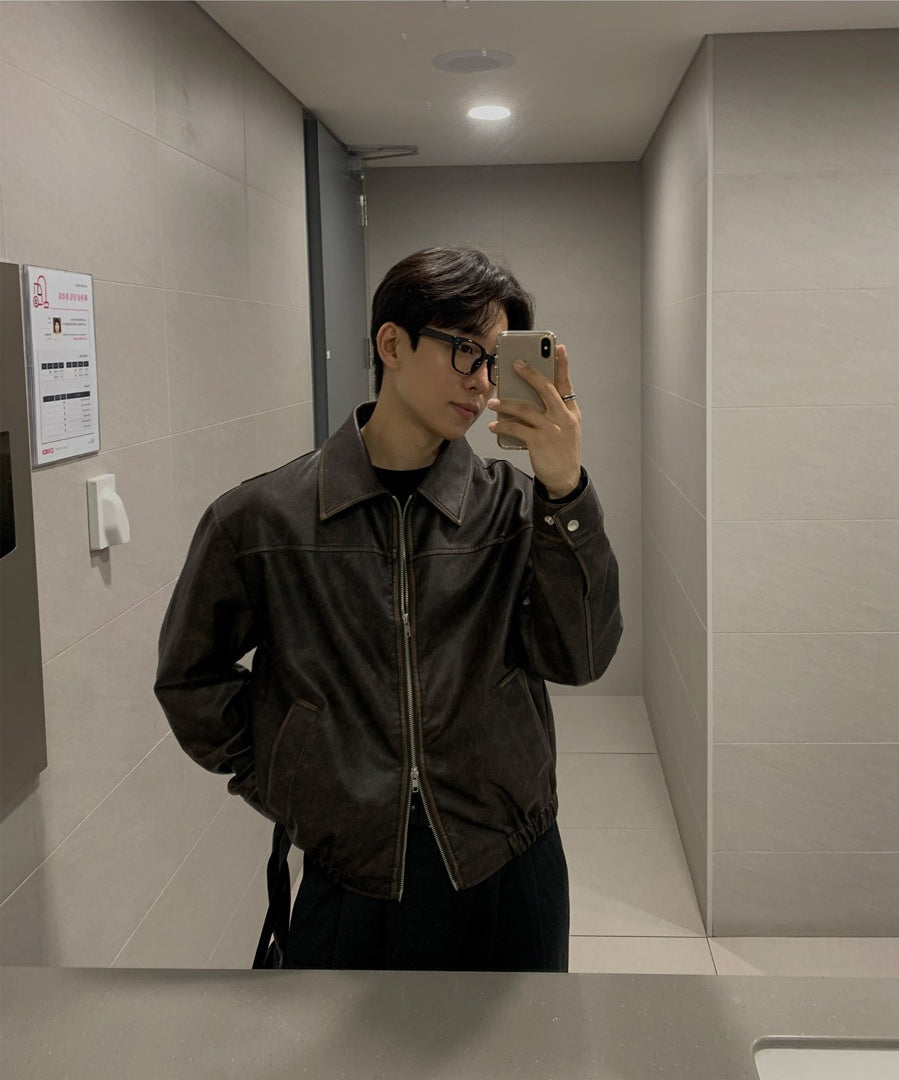 復古 仿舊 短版 皮革 雙拉鍊 皮外套 / 2色