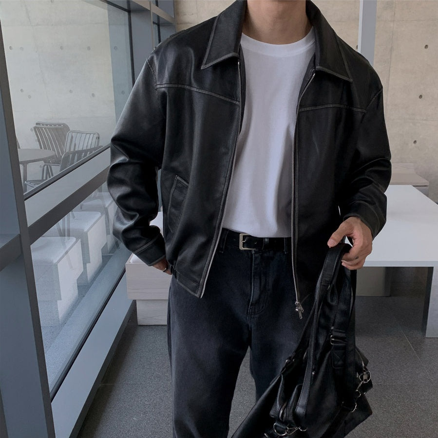 復古 仿舊 短版 皮革 雙拉鍊 皮外套 / 2色