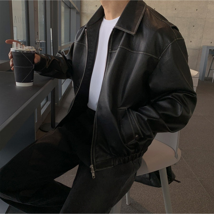 復古 仿舊 短版 皮革 雙拉鍊 皮外套 / 2色