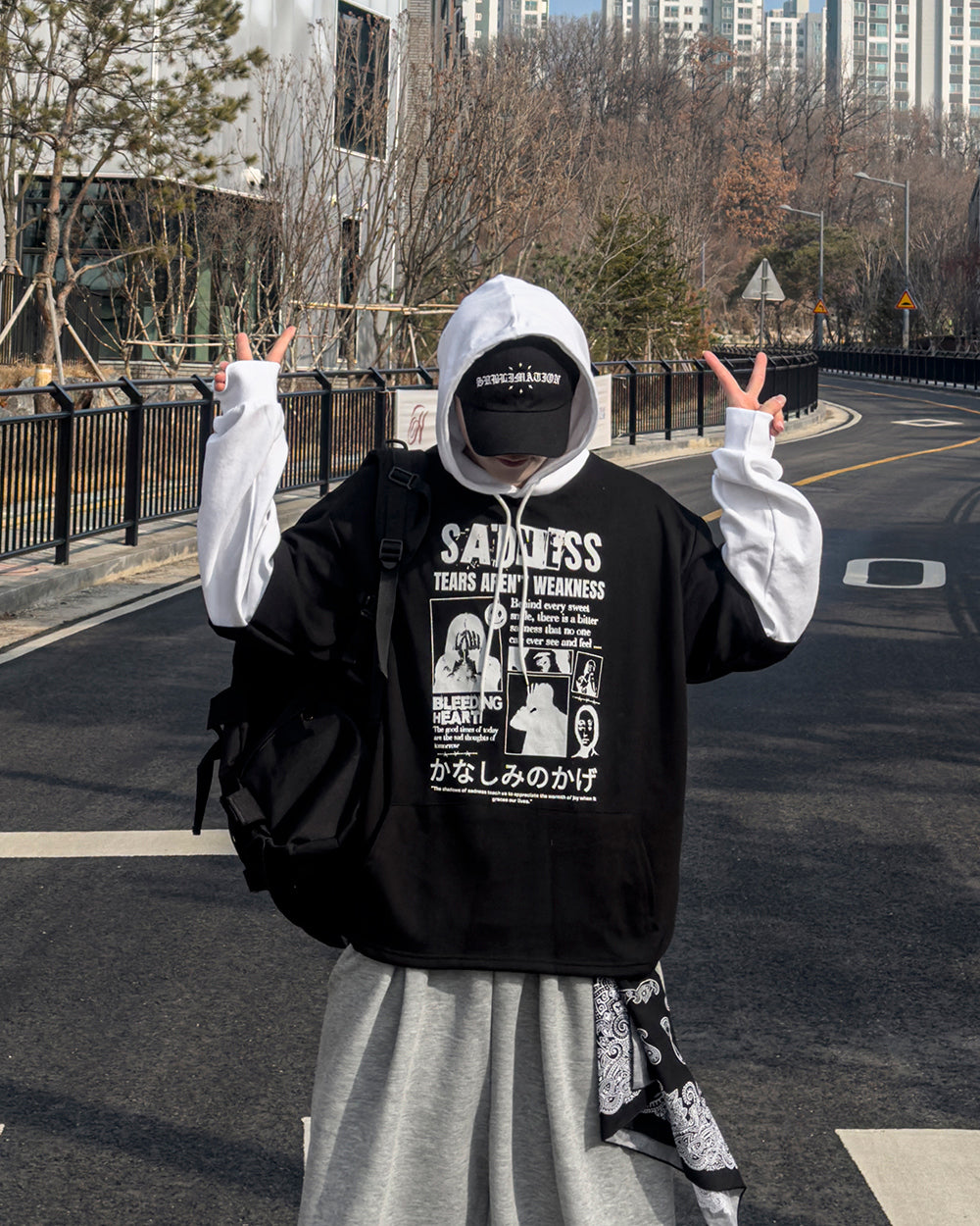 街頭 印花 拼色 假兩件 連帽 帽T / 3色