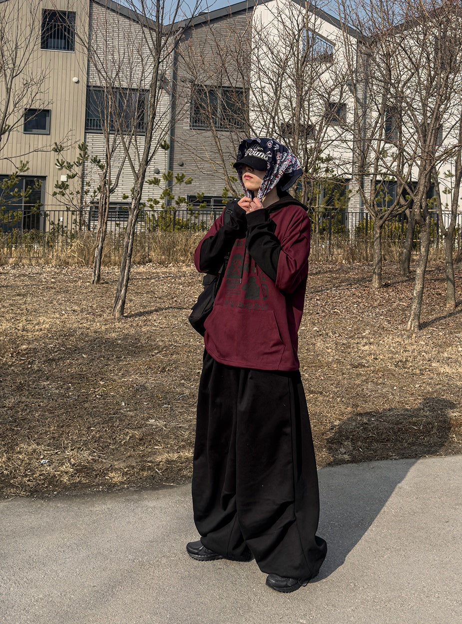 街頭 印花 拼色 假兩件 連帽 帽T / 3色