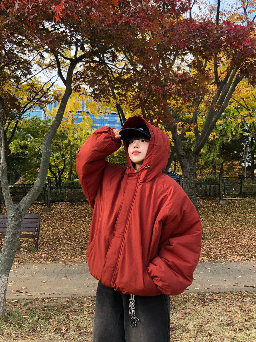 可調抽繩 雙拉鍊 極簡 寬鬆 連帽 羽絨外套 / 3色 - WHATEVER