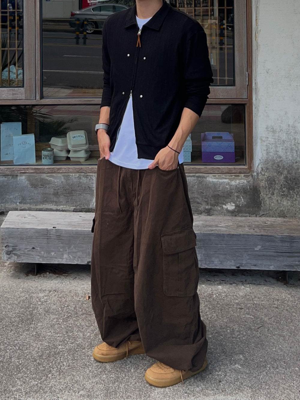 寬版 水洗 抽繩 錐形 工裝褲 / 3色