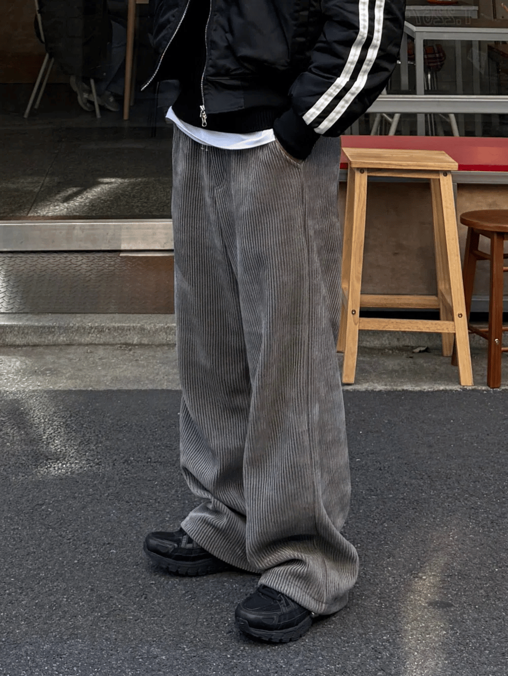 寬鬆 燈芯絨 褲腳抽繩 休閒 落地 長褲 / 4色