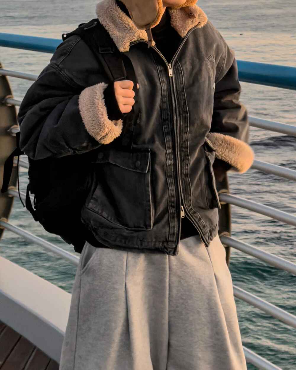 羊羔毛 水洗 做舊 工裝 牛仔外套 / 2色