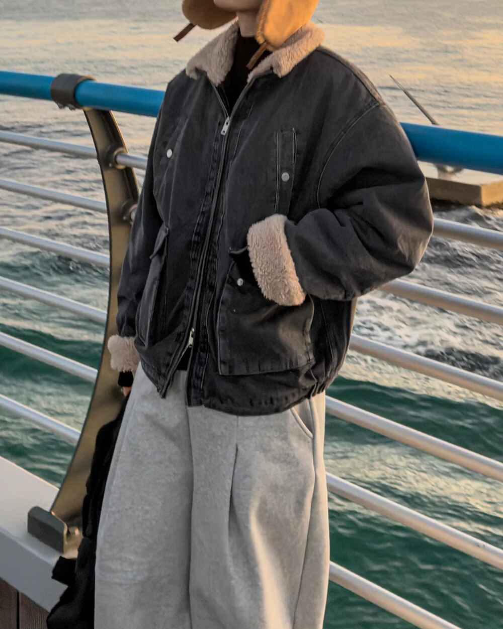 羊羔毛 水洗 做舊 工裝 牛仔外套 / 2色