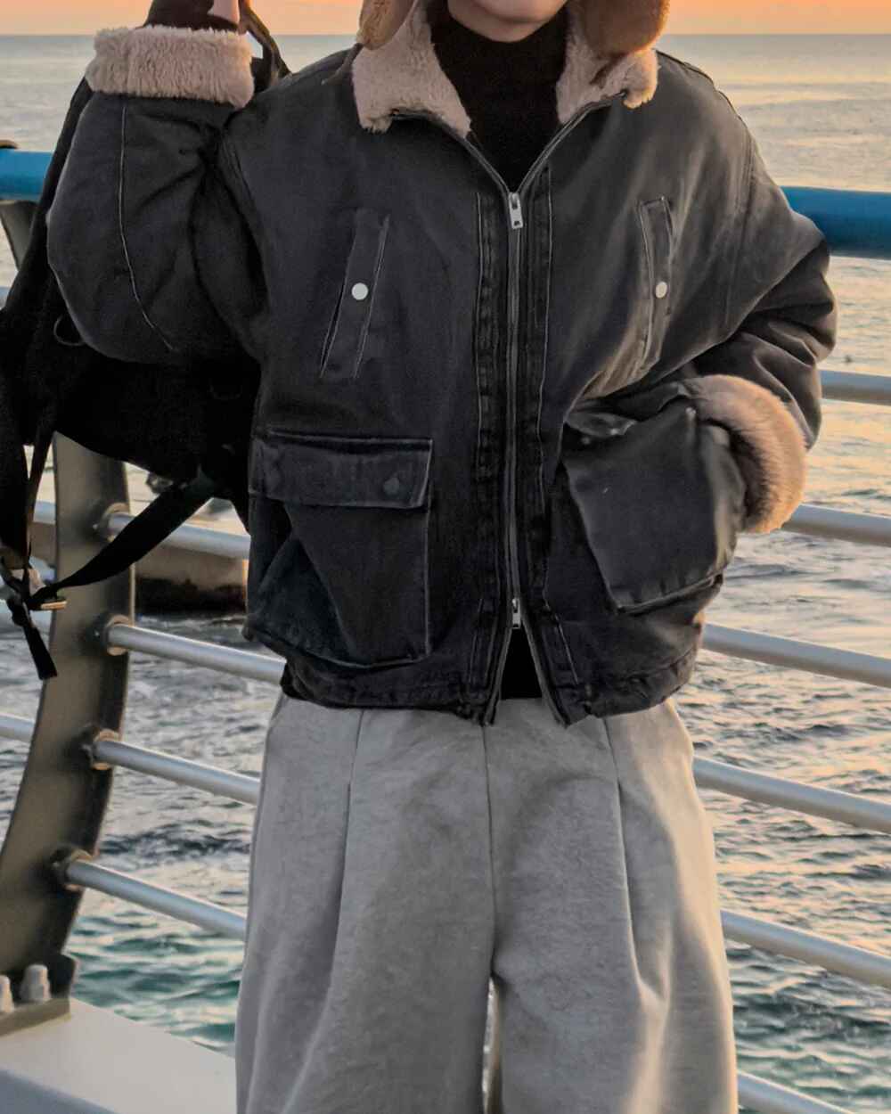 羊羔毛 水洗 做舊 工裝 牛仔外套 / 2色