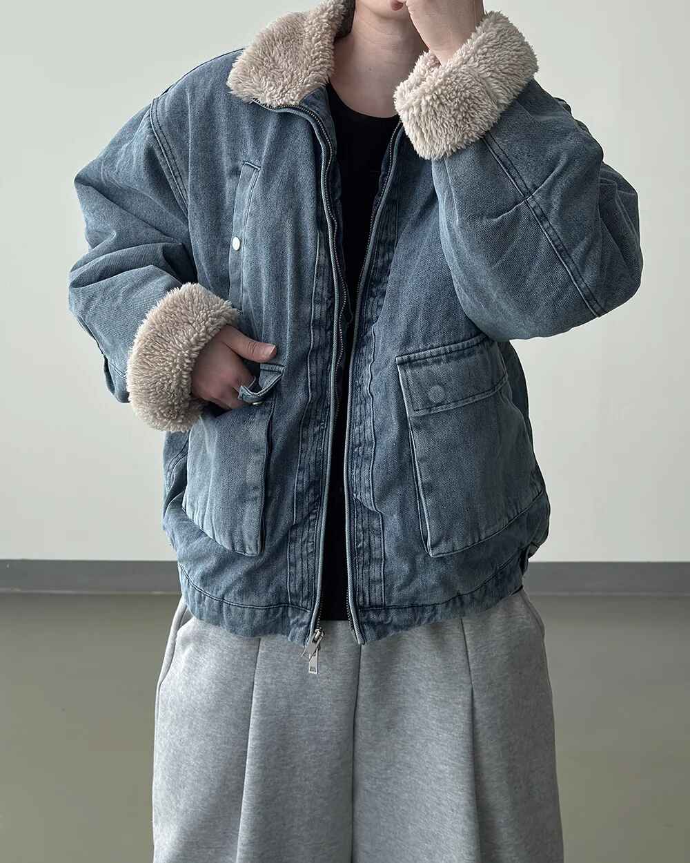 羊羔毛 水洗 做舊 工裝 牛仔外套 / 2色