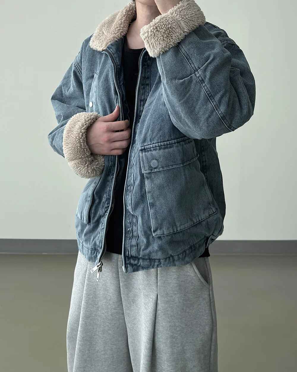 羊羔毛 水洗 做舊 工裝 牛仔外套 / 2色