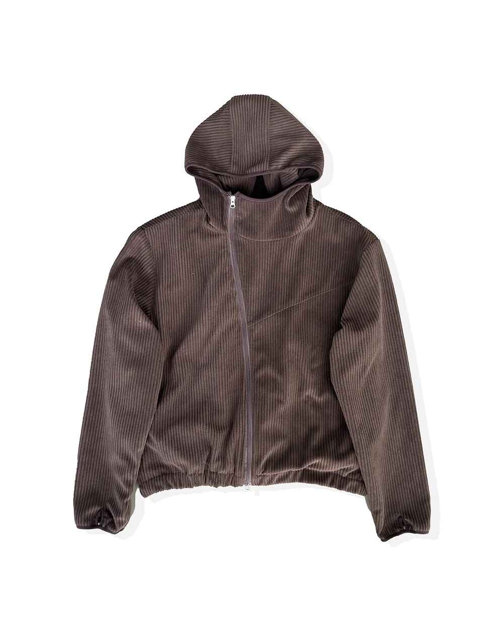 燈芯絨 高領 不對稱拉鍊 連帽外套 / 3色