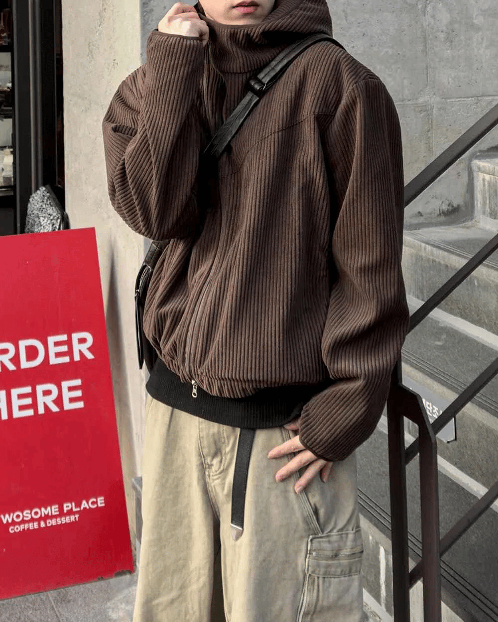 燈芯絨 高領 不對稱拉鍊 連帽外套 / 3色