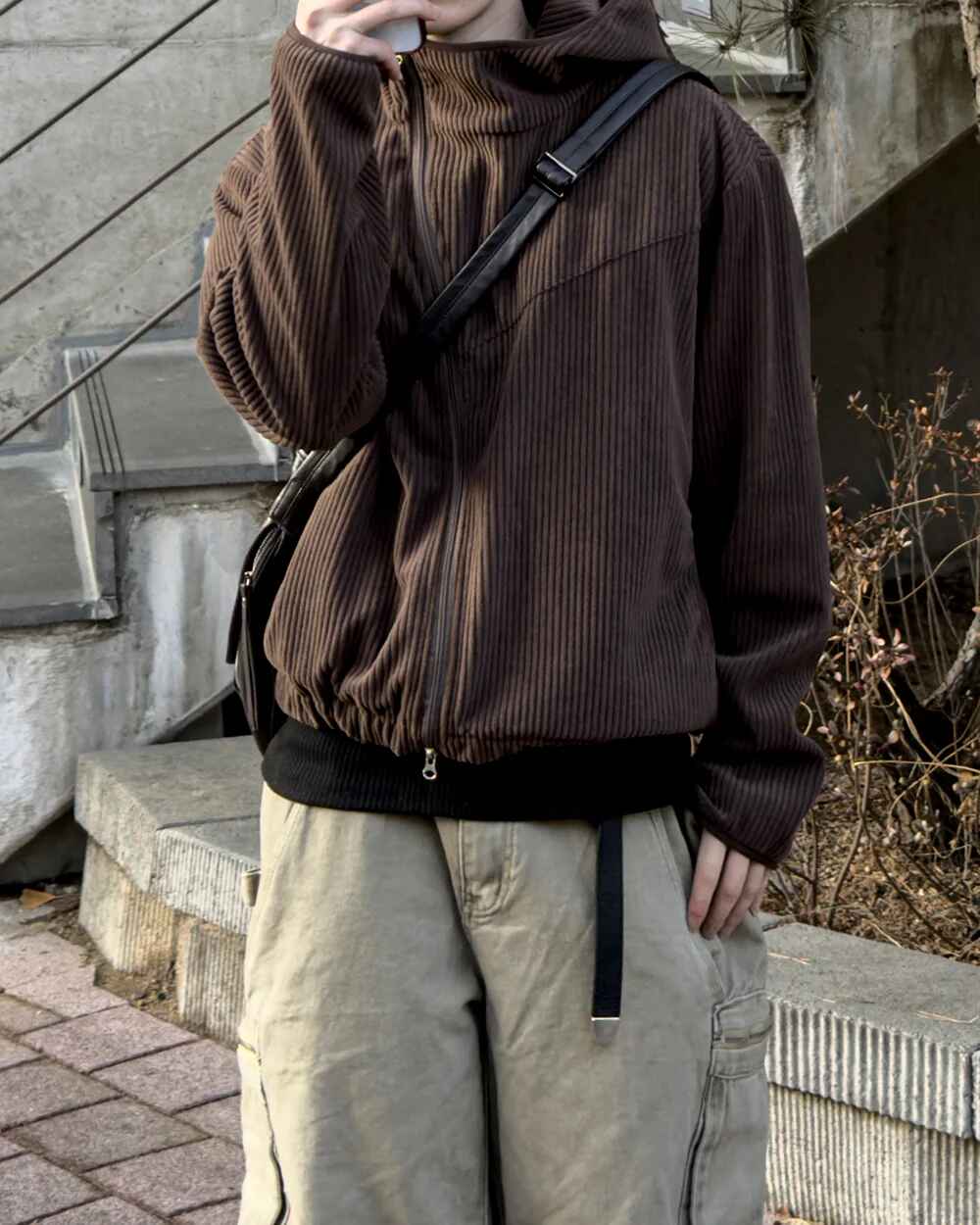 燈芯絨 高領 不對稱拉鍊 連帽外套 / 3色