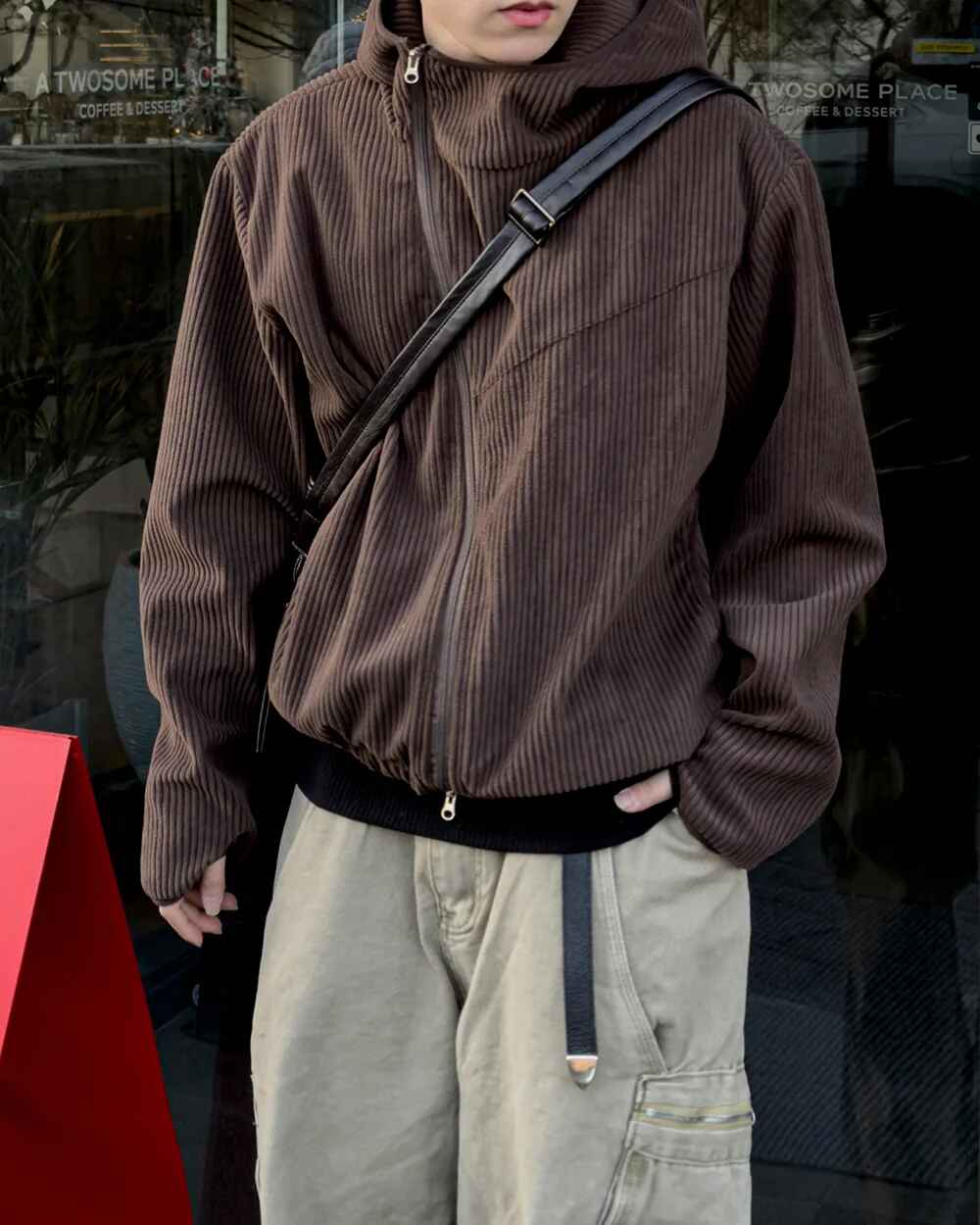 燈芯絨 高領 不對稱拉鍊 連帽外套 / 3色