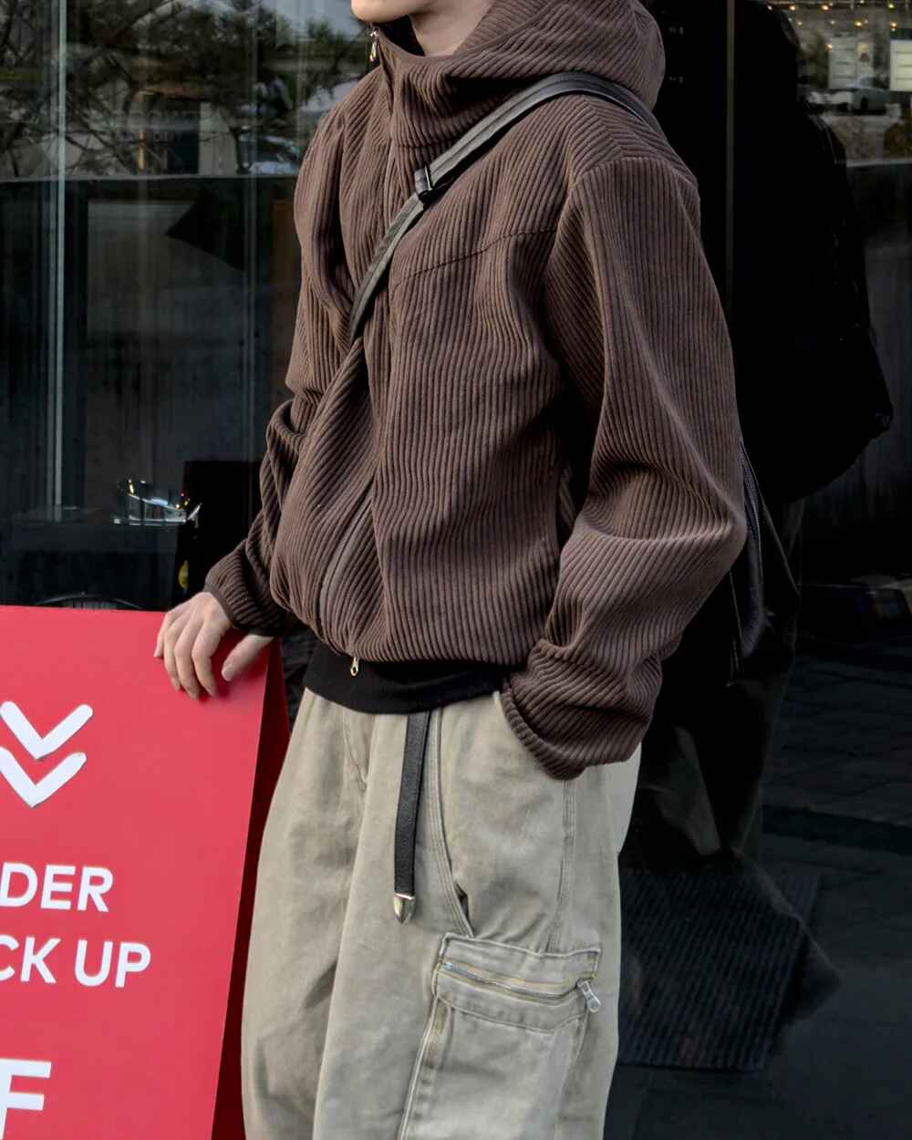 燈芯絨 高領 不對稱拉鍊 連帽外套 / 3色