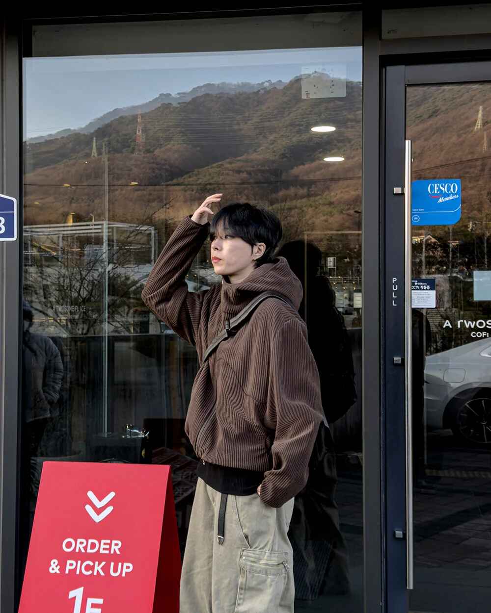 燈芯絨 高領 不對稱拉鍊 連帽外套 / 3色