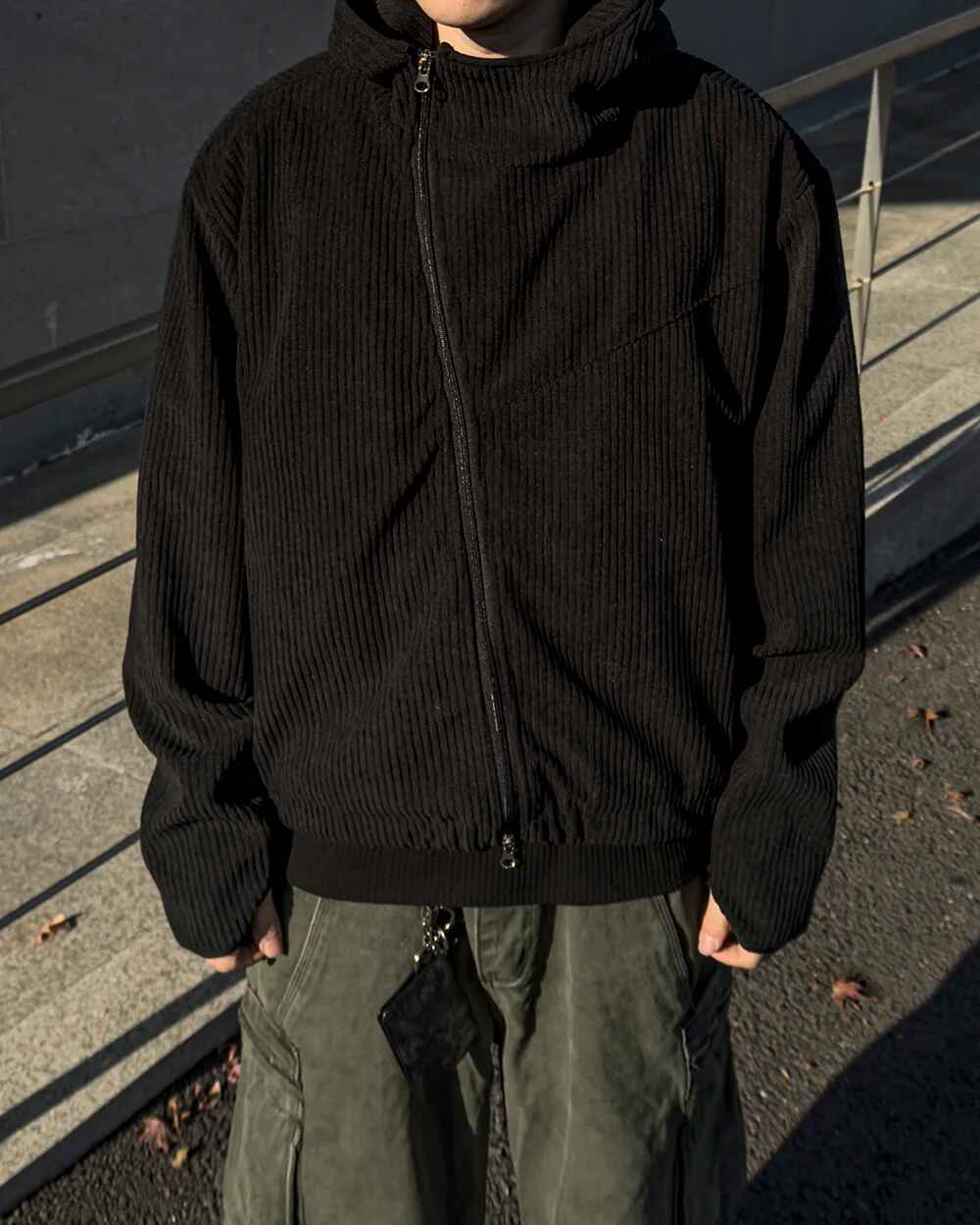 燈芯絨 高領 不對稱拉鍊 連帽外套 / 3色