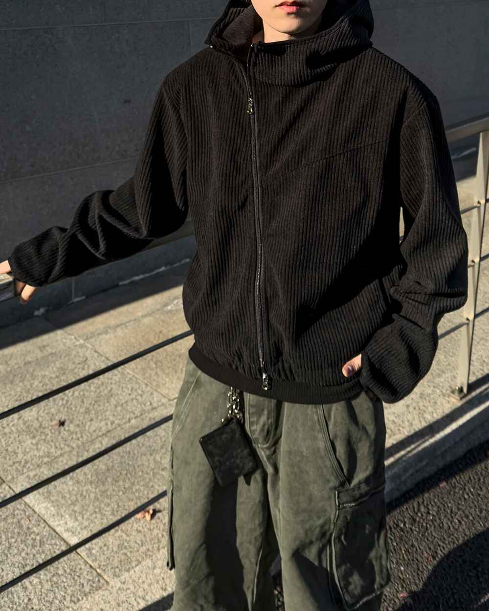 燈芯絨 高領 不對稱拉鍊 連帽外套 / 3色